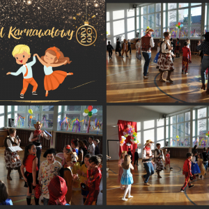 Kolaż zdjęć z Balu Karnawałowego 2023 - zbiorowe zdjęcia tańczących uczestniów.