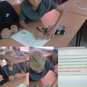 Uczniowie z klasy 6a podczas pisania listu o odblaskach