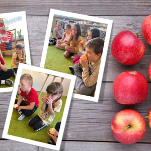 Święto Jabłka w klasie 1 - kolaż zdjęć uczniów podczas degustacji jabłek