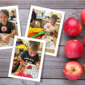 Święto Jabłka w klasie 1 - kolaż zdjęć uczniów wykonujących prace plastyczne