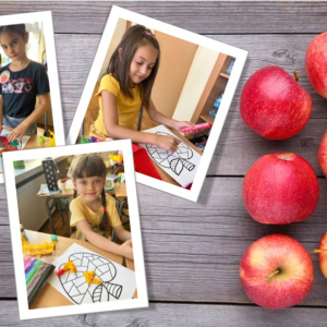 Święto Jabłka w klasie 1 - kolaż zdjęć uczniów wykonujących prace plastyczne