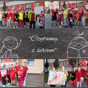 Kolaż zdjęć z akcji "Czytamy z sercem" w ZSO 6 w Tarnowie