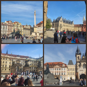 Kolaż zdjęć z trzydniowej wycieczki licealistów w Góry Stołowe i do Pragi