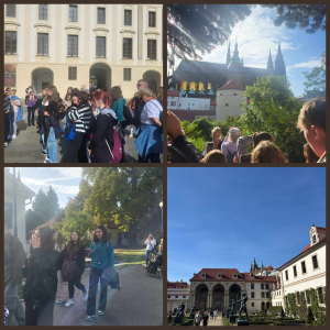 Kolaż zdjęć z trzydniowej wycieczki licealistów w Góry Stołowe i do Pragi