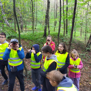 Wycieczka do Rożnowa na LEŚNĄ ŚCIEŻKĘ - uczniowie sprawdzają działanie lornetek w lesie