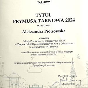 PRYMUS TARNOWA 2024 - dyplom dla Aleksandry Piotrowskiej