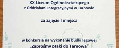 I miejsce dla XX LO w konkursie „Zaprośmy ptaki do Tarnowa”