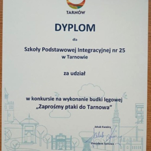 Dyplom dla SP25 za udział w konkursie "Zaprośmy ptaki do Tarnowa"