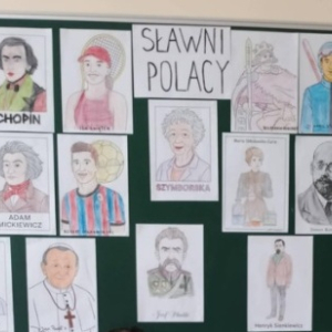 Portrety sławnych Polaków wykonane przez uczniów klasy 3.