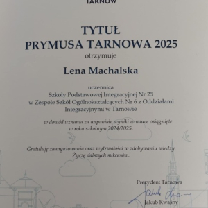 Tytuł Prymusa Tarnowa 2025 dla Leny Machalskiej - dyplom