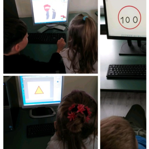 Uczniowie z klasy 1a malują znaki drogowe w Paint 3D