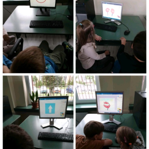 Uczniowie z klasy 1a malują znaki drogowe w Paint 3D