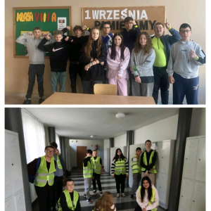 Uczniowie w odblaskach - kolaż zdjęć