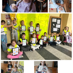 "Noś odblaski" w języku Braille'a w wersji odblaskowej - kolaż zdjęć