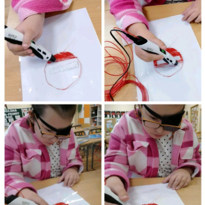 Zajęcia z tyflopedagogiem - dziecko wykonuje długopisem 3D znak drogowy - kolaż zdjęć