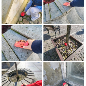 Uczniowie umieszczają odblaskowe kamyki w różnych miejscach - kolaż zdjęć