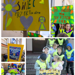 Plakaty promujące bezpieczeństwo w ruchu drogowym wykonane przez uczniów SP25 - kolaż zdjęć