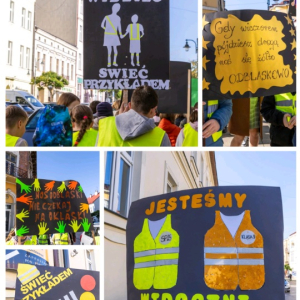 Plakaty promujące bezpieczeństwo w ruchu drogowym wykonane przez uczniów SP25 - kolaż zdjęć