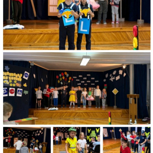 Przedstawienie - Bezpieczni na drodze - w wykonaniu uczniów z klasy 2a SP25 - kolaż zdjęć