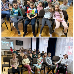 Przedstawienie - Bezpieczni na drodze - w wykonaniu uczniów z klasy 2a SP25 - kolaż zdjęć