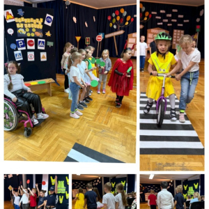 Przedstawienie - Bezpieczni na drodze - w wykonaniu uczniów z klasy 2a SP25 - kolaż zdjęć