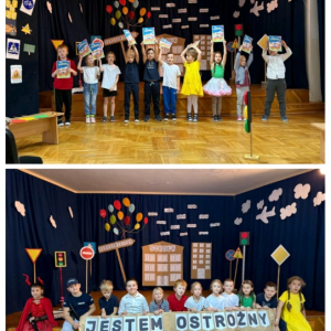 Przedstawienie - Bezpieczni na drodze - w wykonaniu uczniów z klasy 2a SP25 - kolaż zdjęć