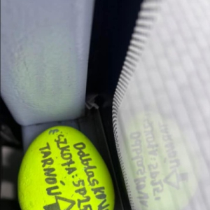 Odblaskowy kamyczek jedzie autobusem