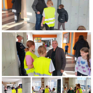 Uczniowie z klasy 4 rozdają seniorom ulotki o bezpieczeństwie na drodze - kolaż zdjęć