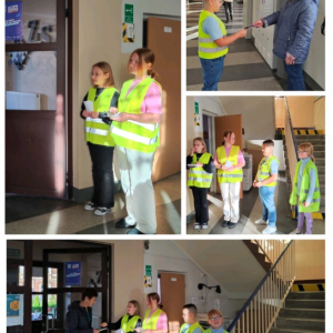 Uczniowie z klasy 4 rozdają seniorom ulotki o bezpieczeństwie na drodze - kolaż zdjęć