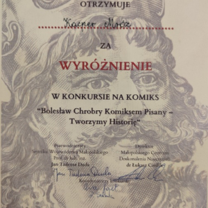 Dyplom Kacpra Mroza - wyróżnienie za komiks