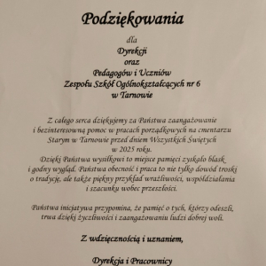 Podziękowanie od Dyrekcji i Pracowników Miejskiego Zarządu Cmentarzy w Tarnowie za porządkowanie Starego Cmentarza przez uczniów naszej szkoły