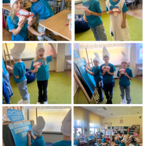 Życzliwe Smerfy w klasie drugiej - kolaż zdjęć