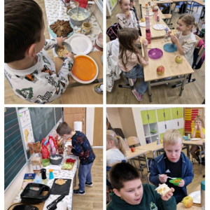 Śniadanie w klasie 1b - kolaż zdjęć