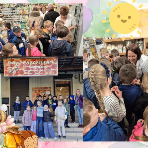 Klasa 1b w sklepie ze zdrową żywnością "Pszczółka" - kolaż zdjęć