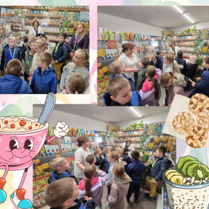 Klasa 1b w sklepie ze zdrową żywnością "Pszczółka" - kolaż zdjęć