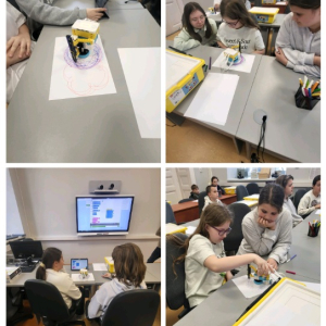 Klasa 5a na zajęciach z programowania i robotyki w Bibliotece Pedagogicznej - kolaż zdjęć