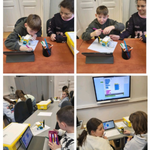 Klasa 5a na zajęciach z programowania i robotyki w Bibliotece Pedagogicznej - kolaż zdjęć