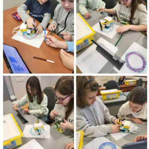 Klasa 5a na zajęciach z programowania i robotyki w Bibliotece Pedagogicznej - kolaż zdjęć