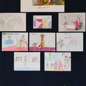 Obchody Chrztu Polski - wystawa prac na korytarzu głównym szkoły