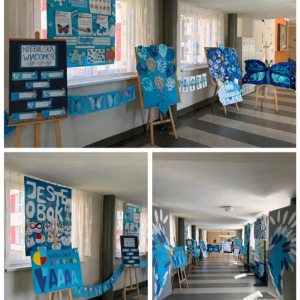 Wystawa prac plastycznych i plakatów dotyczących autyzmu - kolaż zdjęć