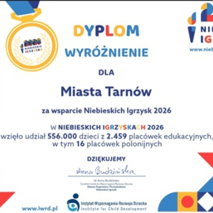 Dyplom - Wyróżnienie dla Miasta Tarnów za wsparcie Niebieskich Igrzysk