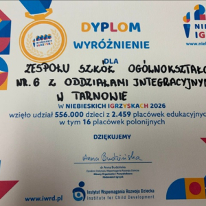 Dyplom - Wyróżnienie dla ZSO6 w Ogólnopolskim Konkursie Niebieskie Igrzyska