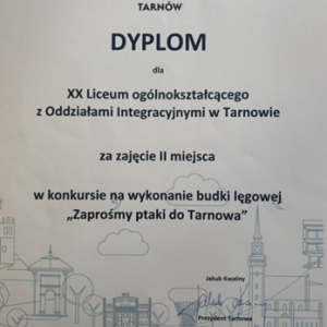 Dyplom - II miejsce dla XXLO w konkursie na wykonanie budki lęgowej "Zaprośmy ptaki do Tarnowa"