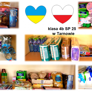 Kolaż zdjęć z darami od klasy 4b dla Ukrainy