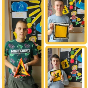 Odblaskowa Szkoła - Kreatywnie i bezpiecznie - klasa VIb szyje znaki drogowe - kolaż zdjęć